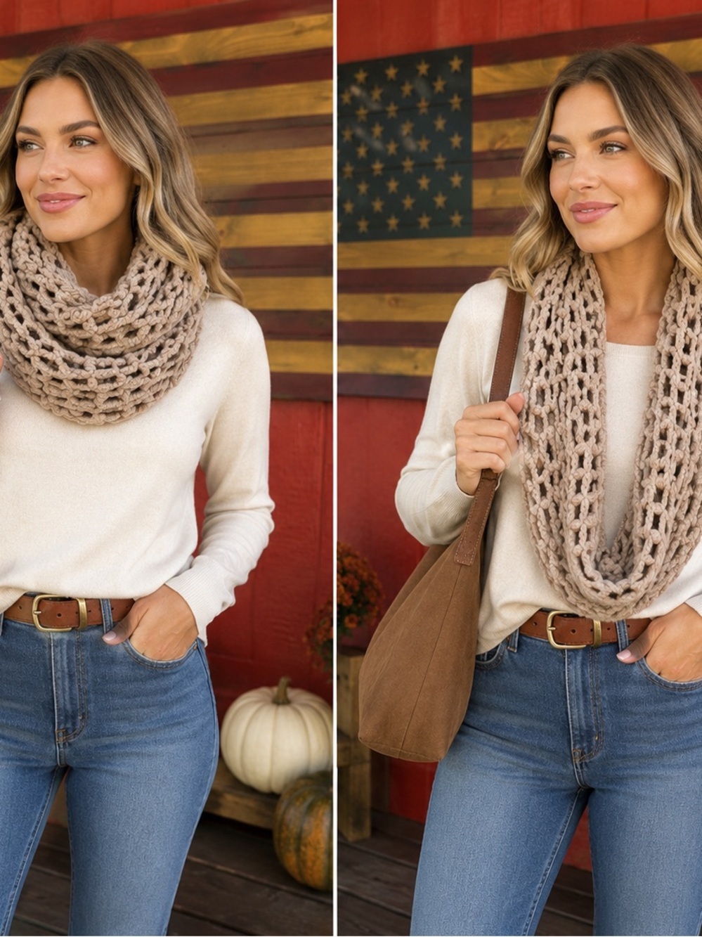 Chunky Crochet Infinity Scarf in Beige